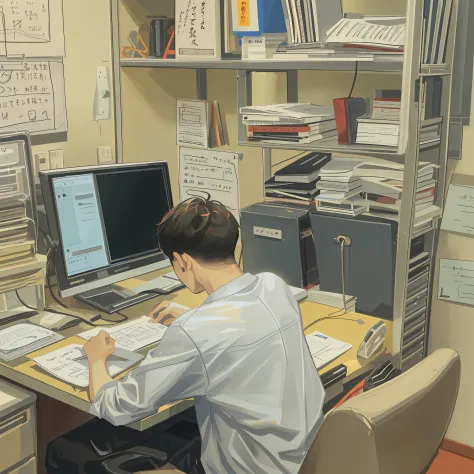 Man doing office work in room、(20yr old)、(short-haired)