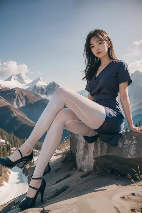 (full body:1.5)，(1girl:1.3),(view the viewer:1.4)，(anatomy correct:1.4),(sitting on the top of mountain:1.2),(Wearing a nurse set:1.2),(Opaque pantyhose:1.3),( girl pointed thick heels :1.1),(Accurate and perfect face:1.3),(Long legs:1.3),hyper HD, Ray traching, reflective light， structurally correct, Award-Awarded, high detail, lighten shade contrast, Face lighting ，cinematic lighting, masterpiece, super detailing, high quality, high detail, best quality, 16k，High contrast,