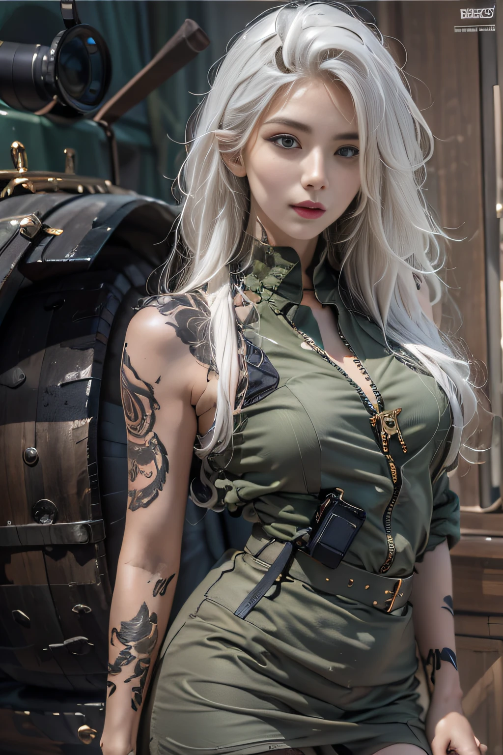 Photorealistic, high resolution, 1womanl, Solo, Hips up, view the viewer, (Detailed face), White hair, Long hair, army suit,short  skirt，Tattooed with，Tattooed with，arma，arma， jewelry