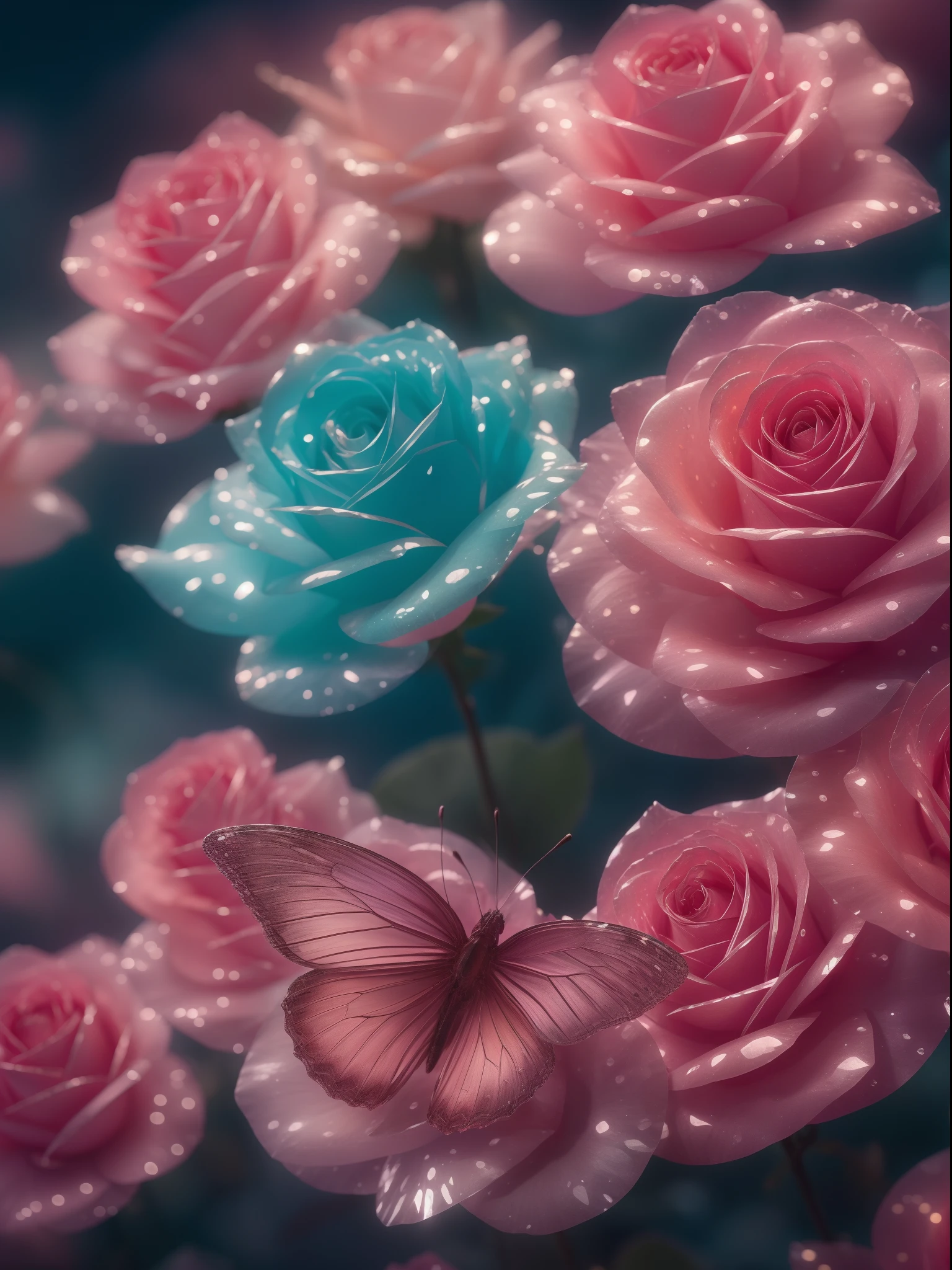 crystal fantasy, roses, fulcolor,  Toe Up, neons, Countless crystal wings flutter in the air,
Fantasy, Galaxy, Transparent, Shallow depth of field, Jade Bokeh, glinting, glinting, Stunning, colourfull,
magical photography, Dramatic Lighting, photorealisim, Ultra Detail, 4K, degrees of , High resolution