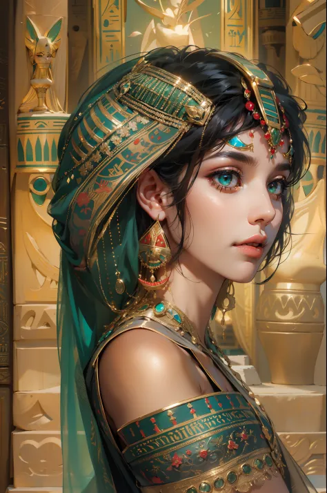 1girll,，Egyptian attire，Egyptian dress-up，queen of Egypt，goddes，Young girls，Emerald eyes，Elaborate Eyes，beauitful face，Stand by ...