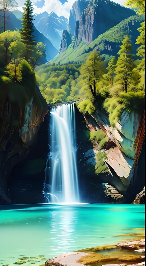 A painting of a waterfall in the mountains with trees and rocks 