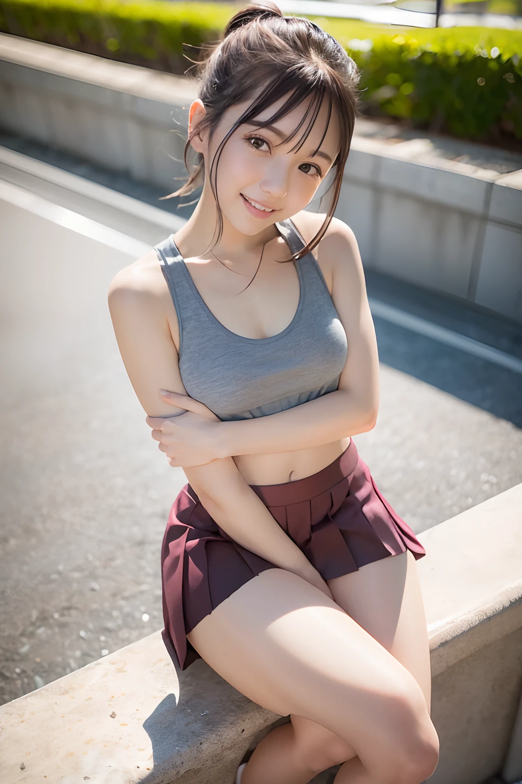 (Highest image quality, Highest image quality, Super A High Definition), (Raw photo, Realism 1.4), Chest pulled togethene skin, Fine face, Cute, AKB Girl, Girl in her 20s, Same as, Perfect Skin, thighs thighs thighs thighs, Medium Hair, Perfect, Brown hair, Brown eyes, Whole body, Sit on the steps of the footbridge、hugging own legs、Legs hugging themselves、I can see the panties.、((Tank Tops)), ((Ultra Mini Pleated Skirt))、pantie shot、Bright sunlight, Smile、Bokeh background、Wet tank top、arms folded、bra very