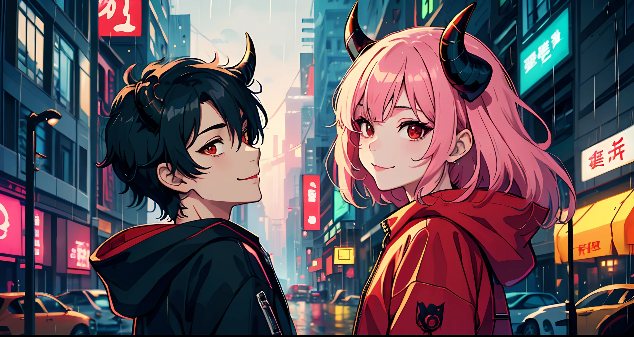 (巨作, A beautiful, highres), illustration, 1boy, 独奏, (((cartoon style: 1))), (Western Cartoon), Demon boy with horns, portrait, Smileing, black anime medium length hair, cute, pink lips, red eyes, young adult, Cyberpunk Street Wear, rainy sky, Cityscape, Red-skinned color, looking at the scenes, bright colors, daytime, ((facing front: 3)), closed mouth, Thick line: 0.6, red eye, green eye, arrogant, Slim eyes