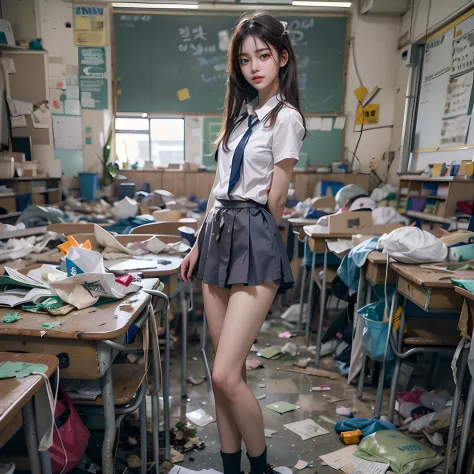 Abandoned classrooms，Garbage all over the ground，18 year old Korean beautiful girl，very beautiful long slim legs，Beautiful whole...