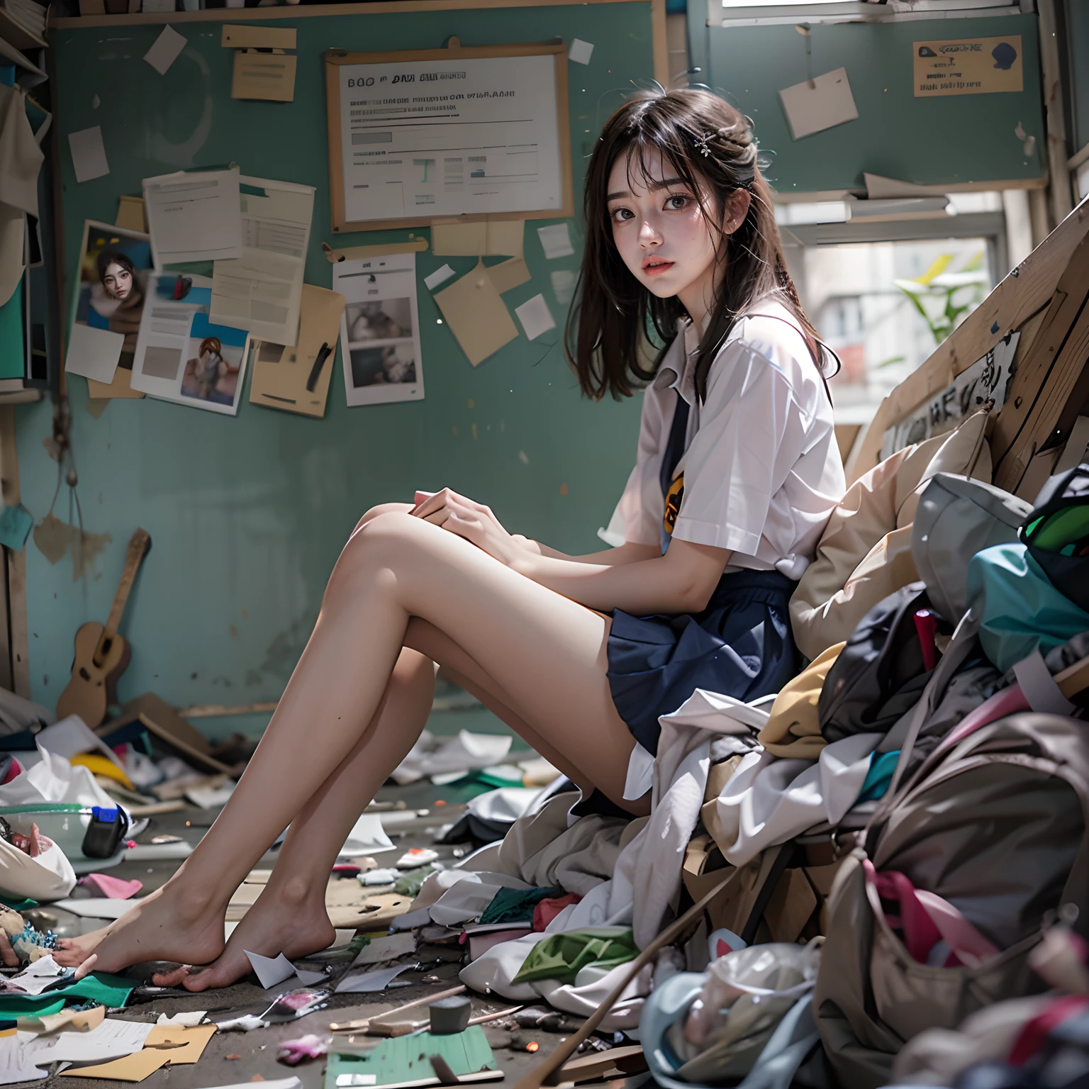 Des salles de classe abandonnées，Des déchets partout par terre，18 ans Coréen belle fille，très belles longues jambes fines，Beau corps entier au hasard nu，exhibitionnistes，Exposition aléatoire des organes génitaux