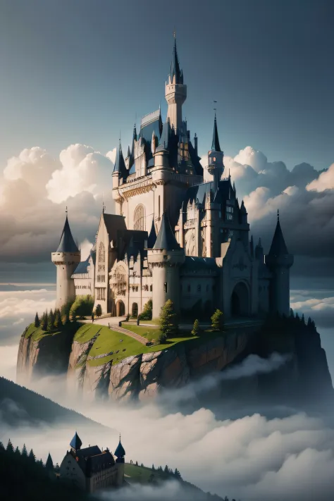 mystical、A castle shrouded in mist、Top image quality、photos realistic