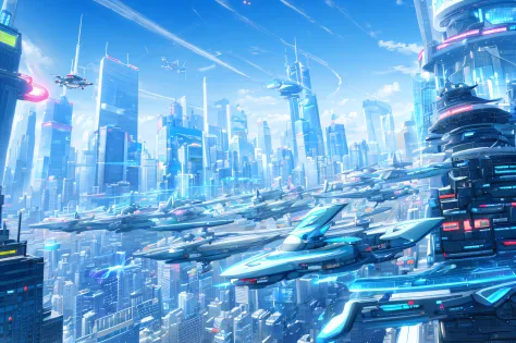 Futuristic cityscape with flying cars and colorful skyscrapers、flying car、near future、Hover car in the metropolis of the future、...