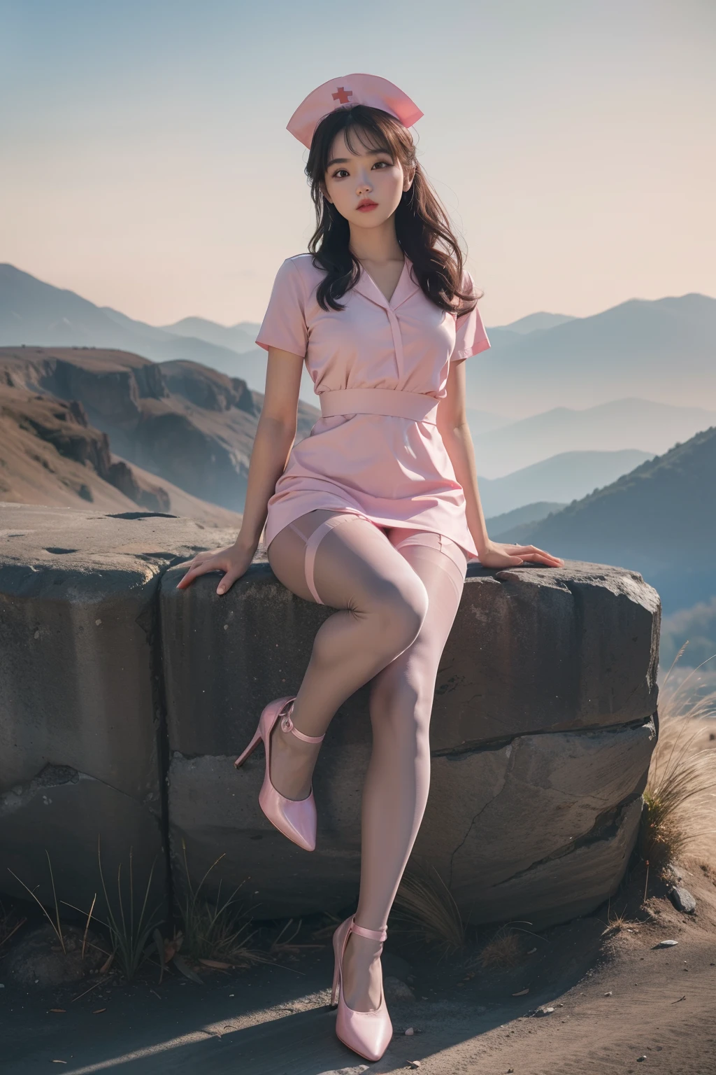 (full body:1.5)，(1girl:1.3),(view the viewer:1.4)，(anatomy correct:1.4),(sitting on the top of mountain:1.2),(Wearing a nurse set:1.2),(Opaque pink pantyhose:1.3),( girl pointed thick heels :1.1),(Accurate and perfect face:1.3),(Long legs:1.3),hyper HD, Ray traching, reflective light， structurally correct, Award-Awarded, high detail, lighten shade contrast, Face lighting ，cinematic lighting, masterpiece, super detailing, high quality, high detail, best quality, 16k，High contrast,
