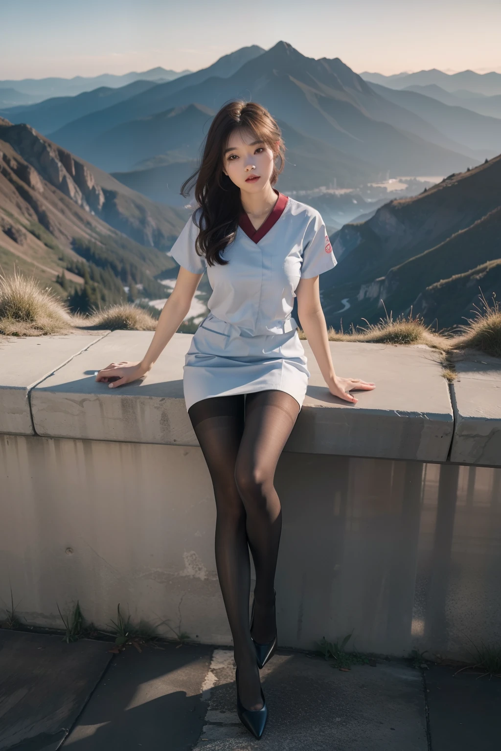 (full body:1.5)，(1girl:1.3),(view the viewer:1.4)，(anatomy correct:1.4),(Opaque pantyhose:1.3),(sitting on the top of mountain:1.2),(Wearing a nurse set:1.2),,( girl pointed thick heels :1.1),(Accurate and perfect face:1.3),(Long legs:1.3),hyper HD, Ray traching, reflective light， structurally correct, Award-Awarded, high detail, lighten shade contrast, Face lighting ，cinematic lighting, masterpiece, super detailing, high quality, high detail, best quality, 16k，High contrast,