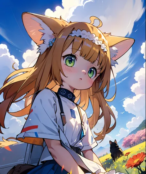1girl in、（（Best quality1.２））、With cats（（I have a cute cat 1.2））、Vast landscape photos、(View from below showing the sky and the f...