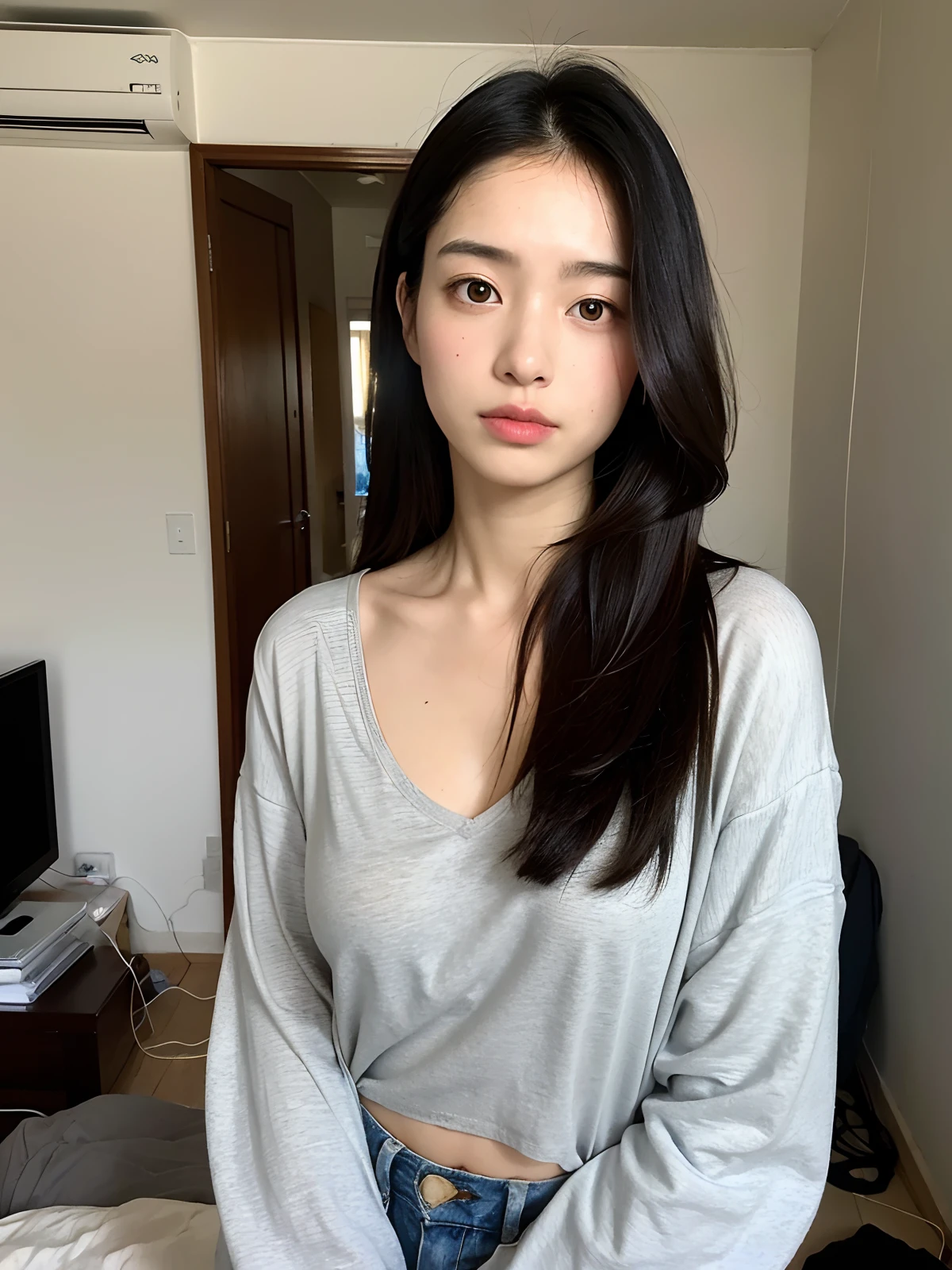 ((La meilleure qualité, 8k, chef-d&#39;œuvre: 1.3)), Photoréaliste, netteté, haute qualité, haute résolution, portrait, seulement, personne du Japon, Femme, beauté, soutien-gorge, 25 ans, cheveux ondulés, (Mostrar culotte: 1.5)), maison de taudis, (fond désordonné, petite chambre: 1.3), Matelas en lambeaux, pièce encombrée, fond sombre, corps parfait, culotte, blouse ample à décolleté