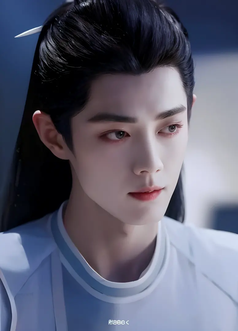 xiao zhan,close-up of a man with long hair and white period costume, xiao zhan,big handsome guy,invincible big handsome guy,unpa...