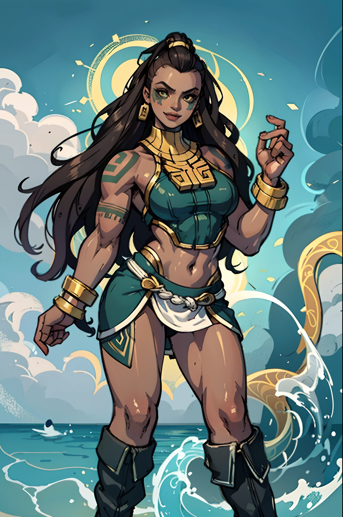 illaoi, 1girl, dark skin, long hair, muscular, solo, standing, detailed face, ultra detailed eyes, looking at viewer, cowboy shot, upper body, (masterpiece:1.2, best quality), flipflops,full body, crazy smile