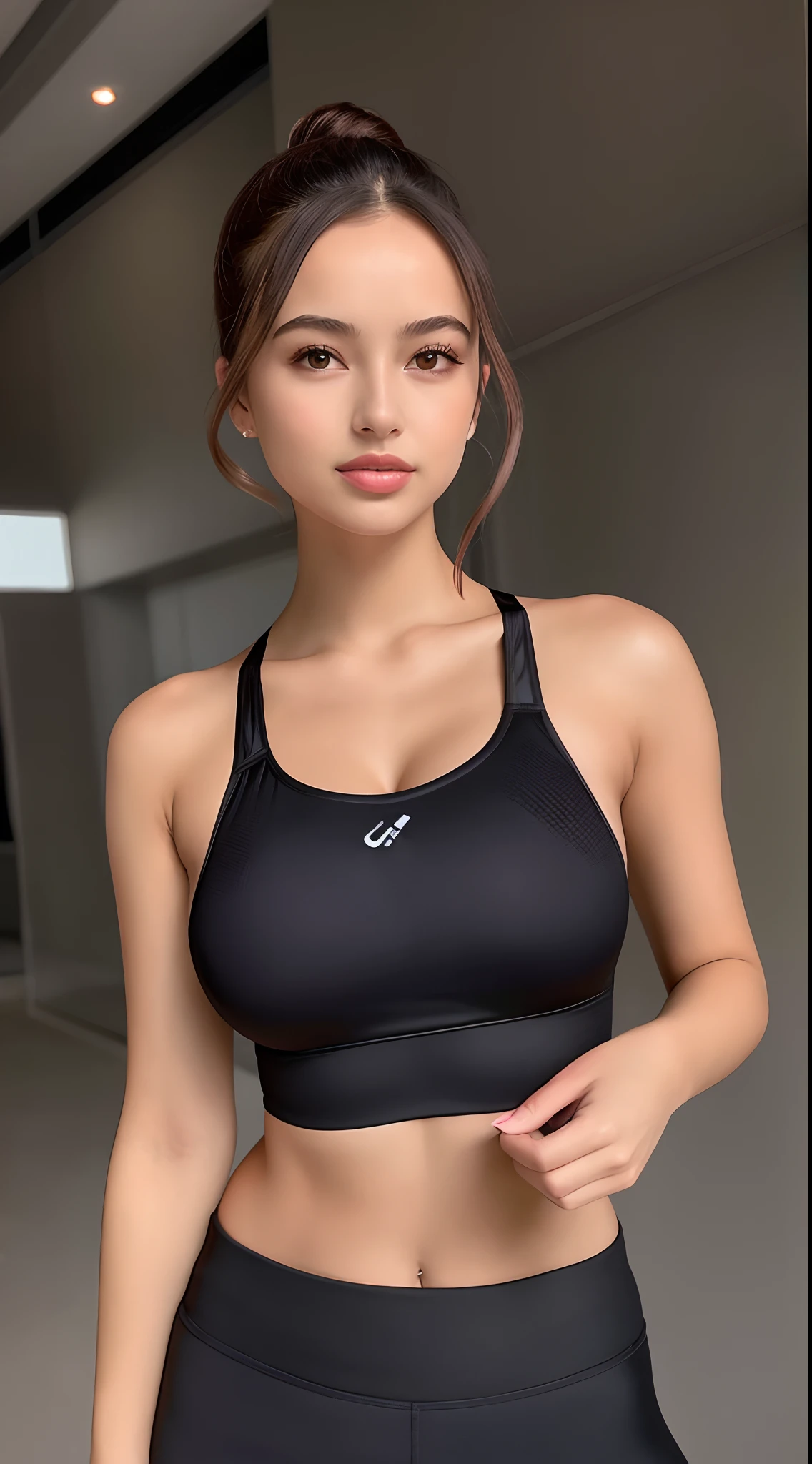 A gorgeous woman in a black sports bra top and black leggings, em forma,  Esporte bom, detailed sports bra, Encaixe figura delicada - SeaArt AI