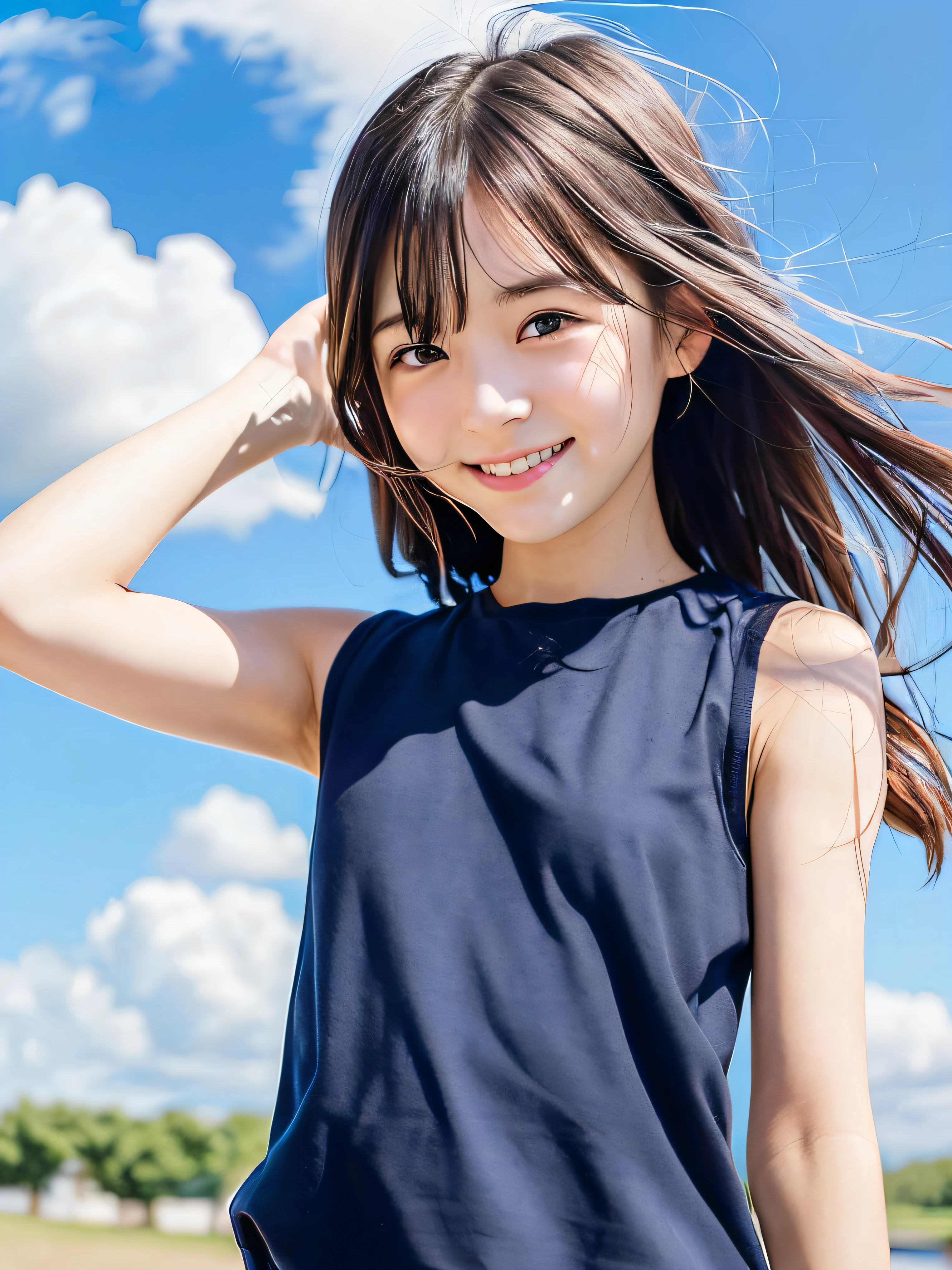 (Una linda chica con camisa sin mangas y senos pequeños y delgados.:1.5)、(Una niña sonriendo con el pelo ondeando al viento y los brazos extendidos:1.3)、(Cielo azul y nubes blancas.:1.3)、(tre anatómicamente correcto:1.3)、(manos completas:1.3)、(dedos completos:1.3)、Fotorrealista、Fotografía cruda、Mesa、de primera calidad、Hi-Nada、delicado y bonito、cara perfecta、Hermosos ojos detallados、piel blanca、piel humana real、pores、((piernas delgadas))、(pelo oscuro)