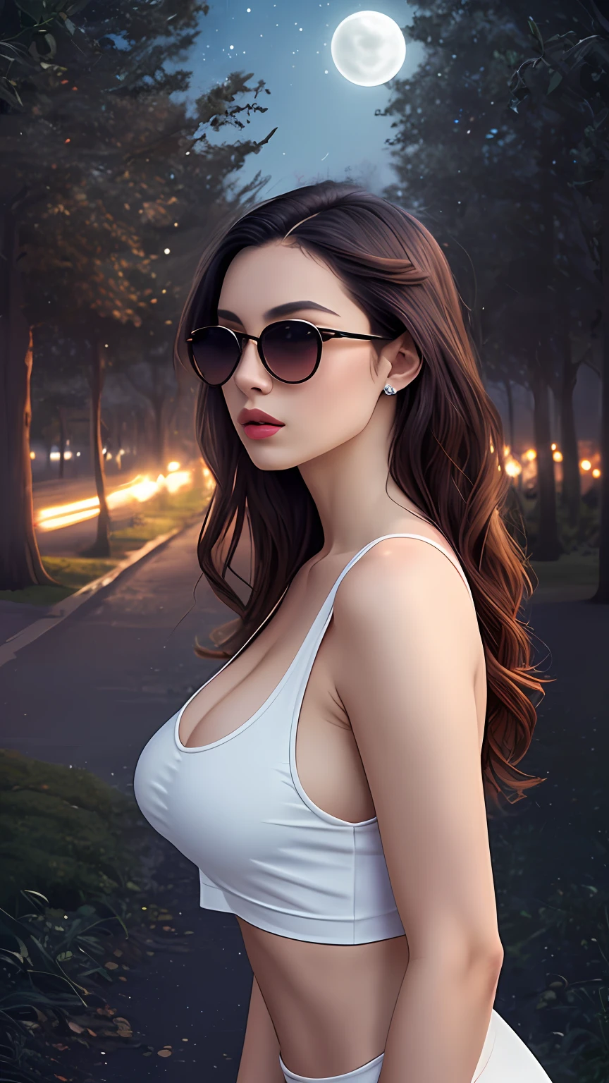 cleavage, a beautiful woman, from_above, close-up, crop top, detailed face,  capezzolo ritto tette grandiyellow bodycon tank top, hair, park, sky, trees, pale skin, moonlight, stars, 1girl, statement sunglasses, big breasts ,, vivid colors, bokeh background, subject for emphasis,dramatic colors , hyperealistic, masterpiece, best quality, nsfw