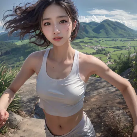 1 girl: 1.3, solo, 8k, mountain landscape, woman running on a dirt path, in nature, shot from a short distance, watching the vie...