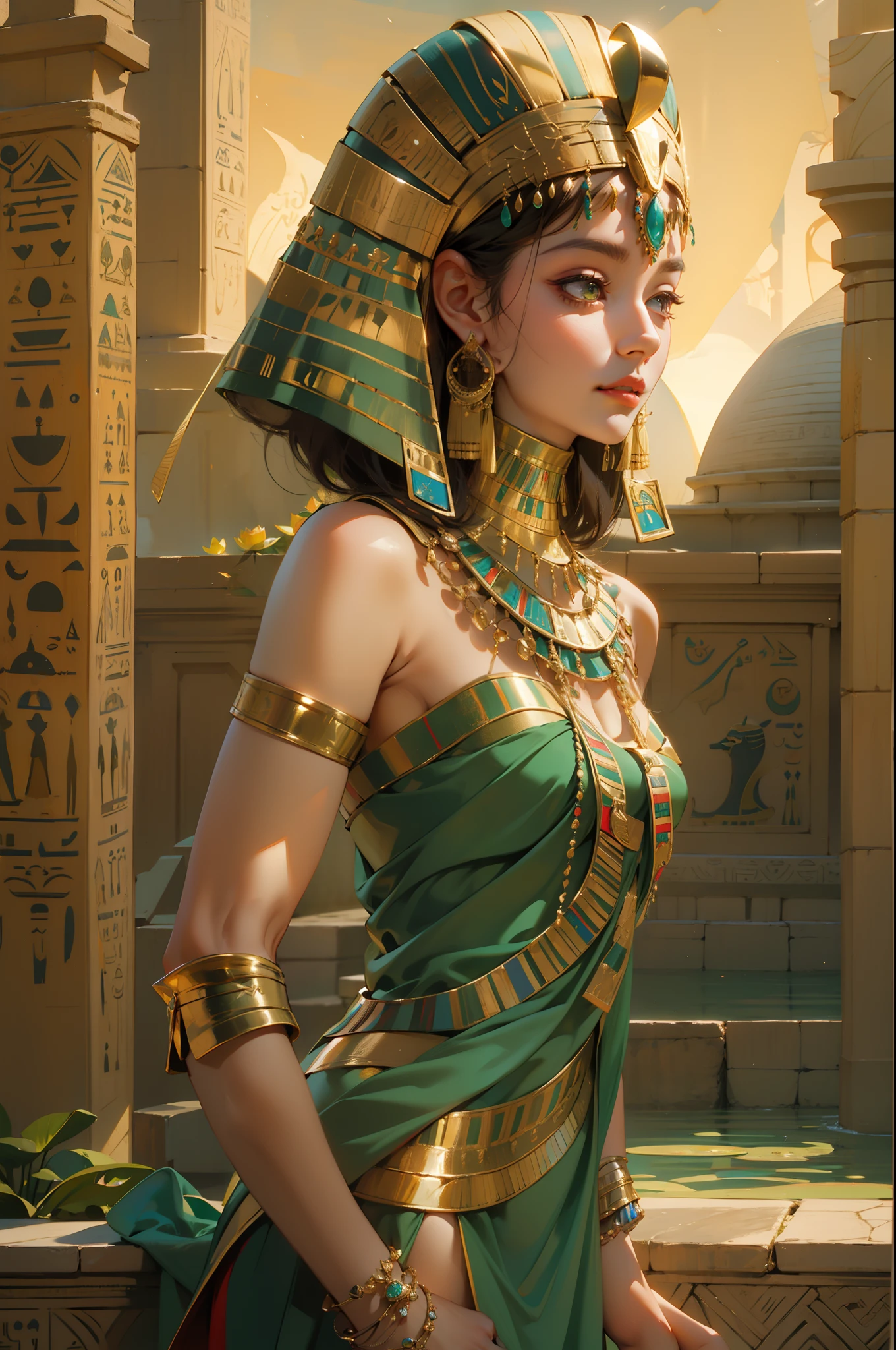 1girll,blond straight hair，Egyptian attire，Egyptian dress-up，queen of Egypt，goddes，Emerald eyes，Elaborate Eyes，beauitful face，Stand by the lotus pond，Meticulous CG，Movie images，Egyptian sun god，skin is smooth and fair，super high image quality，Egyptian eyeliner，Egyptian Baotou，Egyptian wigs，Enchanted smile，Lotus pond，Inspired by Cleopatra，Cobra headdress