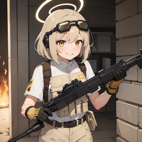 1girl, light brown short messy hair, beige tactical helmet, helmet, tactical goggles, beige tactical railed headset, white forma...