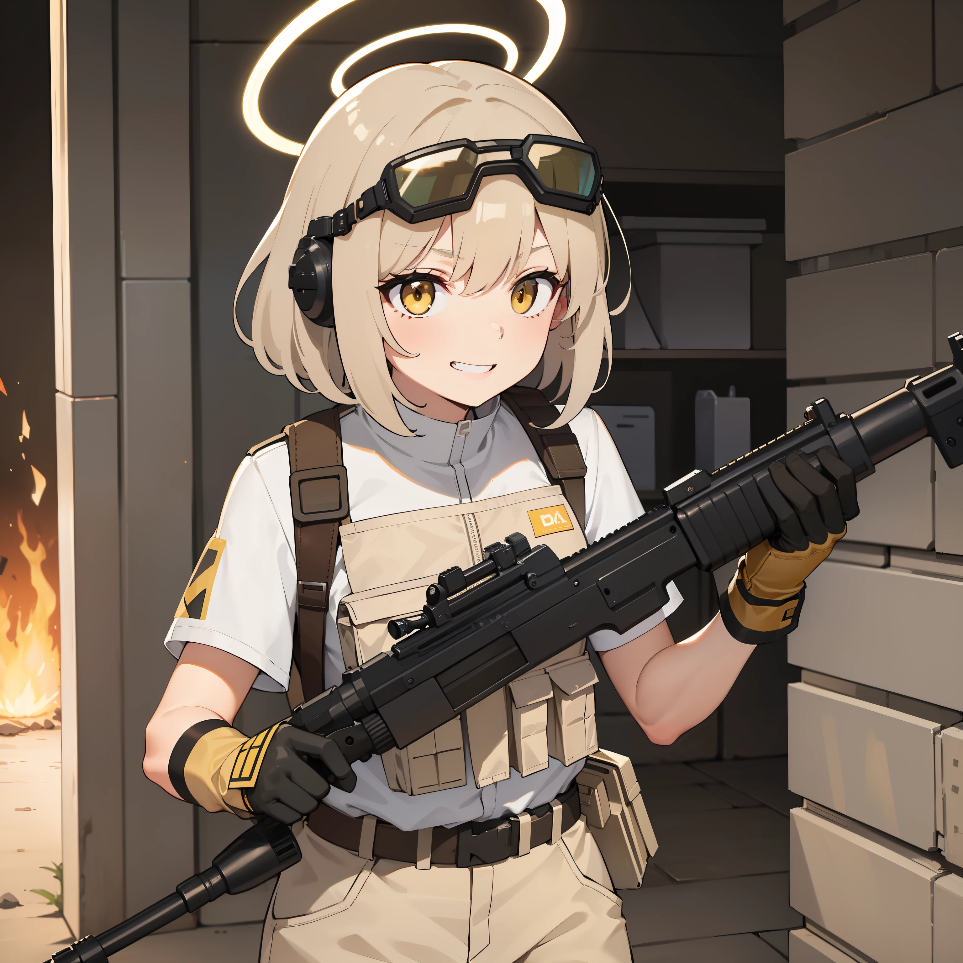 1girl, light brown short messy hair, beige tactical helmet, helmet, tactical goggles, beige tactical railed headset, white formal tshirt, tshirt uniform, tshirt, tactical vest, beige armor, beige colored armor, beige colored pouches, triangle halo, colored halo, green triangle shaped halo, smile, smug eyes, beige helmet, black belt, desert pants, yellow eyes, beige tactical vest, white tshirt uniform, black gloves, beige helmet, stancing, aiming, shooting, bullets, fire, covering, assault, operation, desert, firing, under attack, attacking