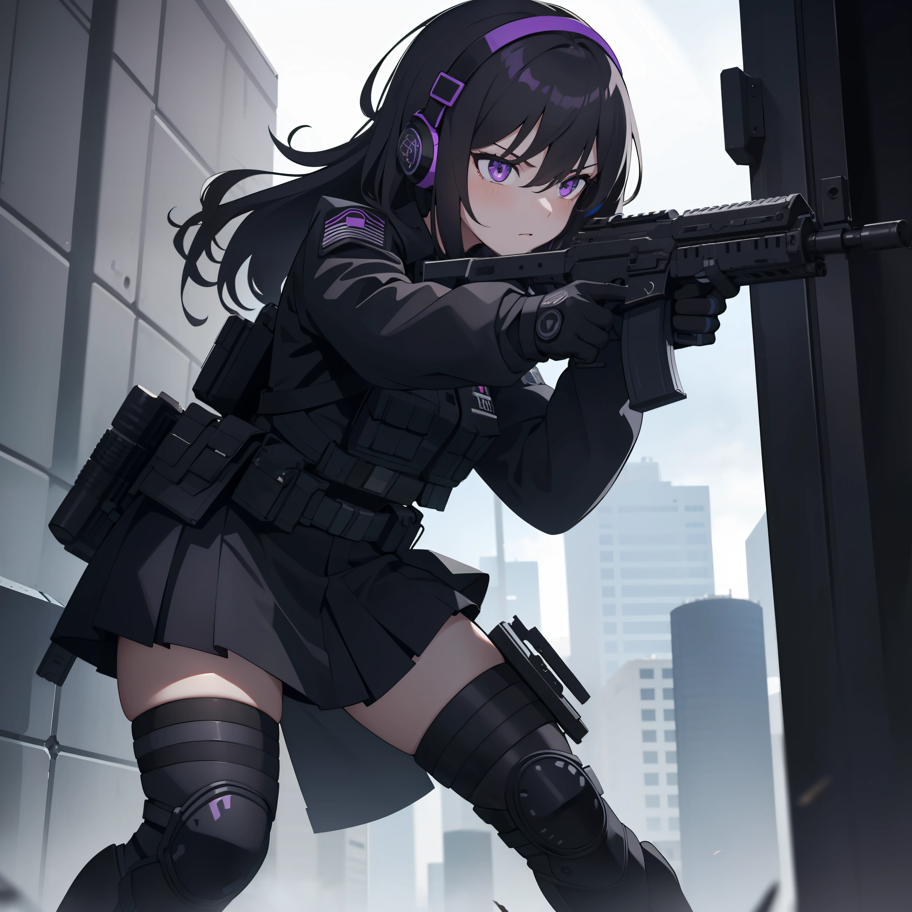 1girl, tactical black helmet, tactical black railed headset, purple eyes, focused, grunt, black long messy hair, black camo uniform, black shoulder pads, black tactical vest, black armor pads, black handgun holster, black tactical socks, holding a handgun, bullets, stance, shield, holding tactical radio, black skirt