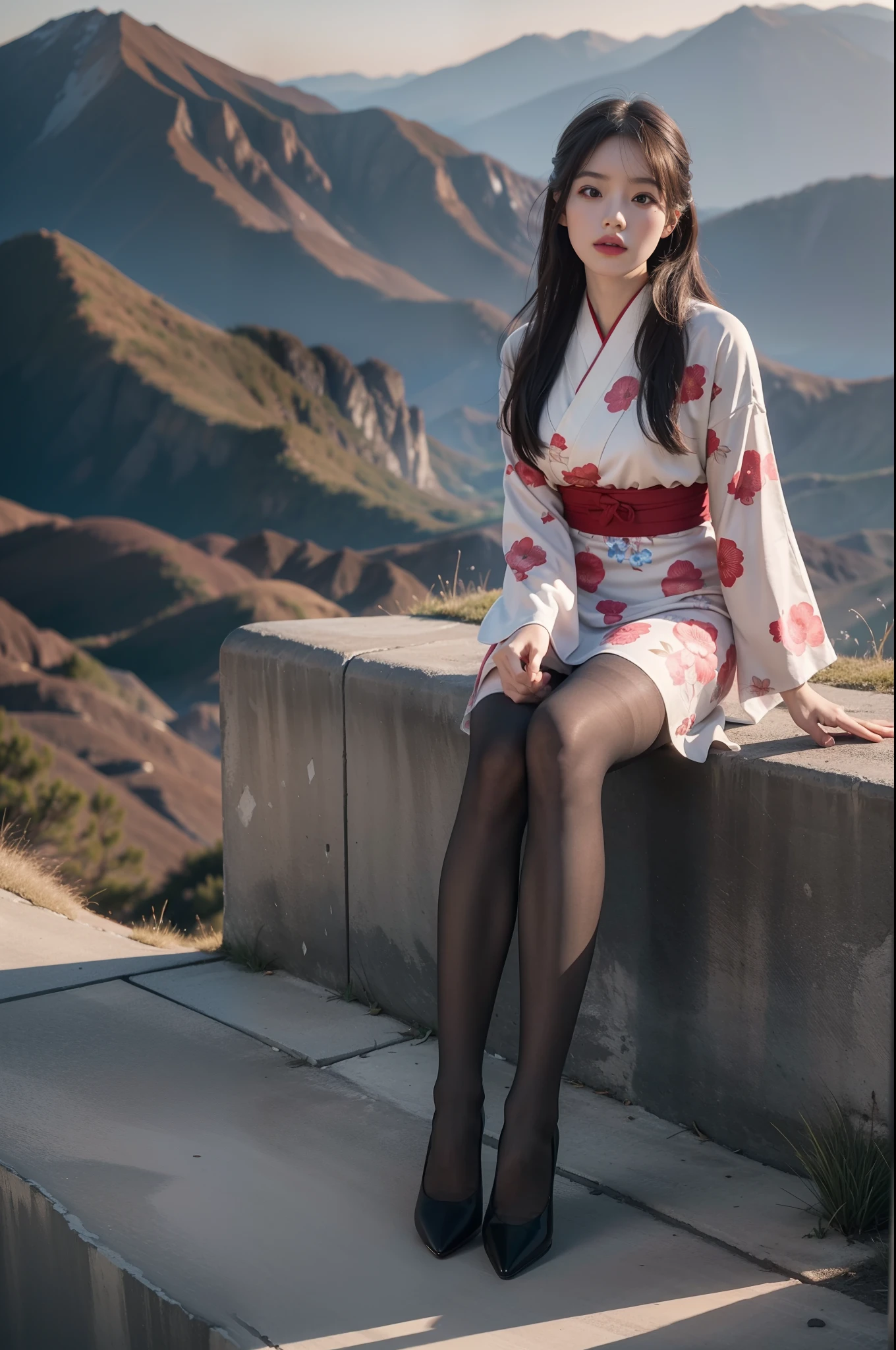 (full body:1.5)，(1girl:1.3),(view the viewer:1.4)，(anatomy correct:1.4),(Opaque pantyhose:1.3),(sitting on the top of mountain:1.2),(Wearing a Japanese style floral dress:1.2),,( girl pointed thick heels :1.1),(Accurate and perfect face:1.3),(Long legs:1.3),hyper HD, Ray traching, reflective light， structurally correct, Award-Awarded, high detail, lighten shade contrast, Face lighting ，cinematic lighting, masterpiece, super detailing, high quality, high detail, best quality, 16k，High contrast,