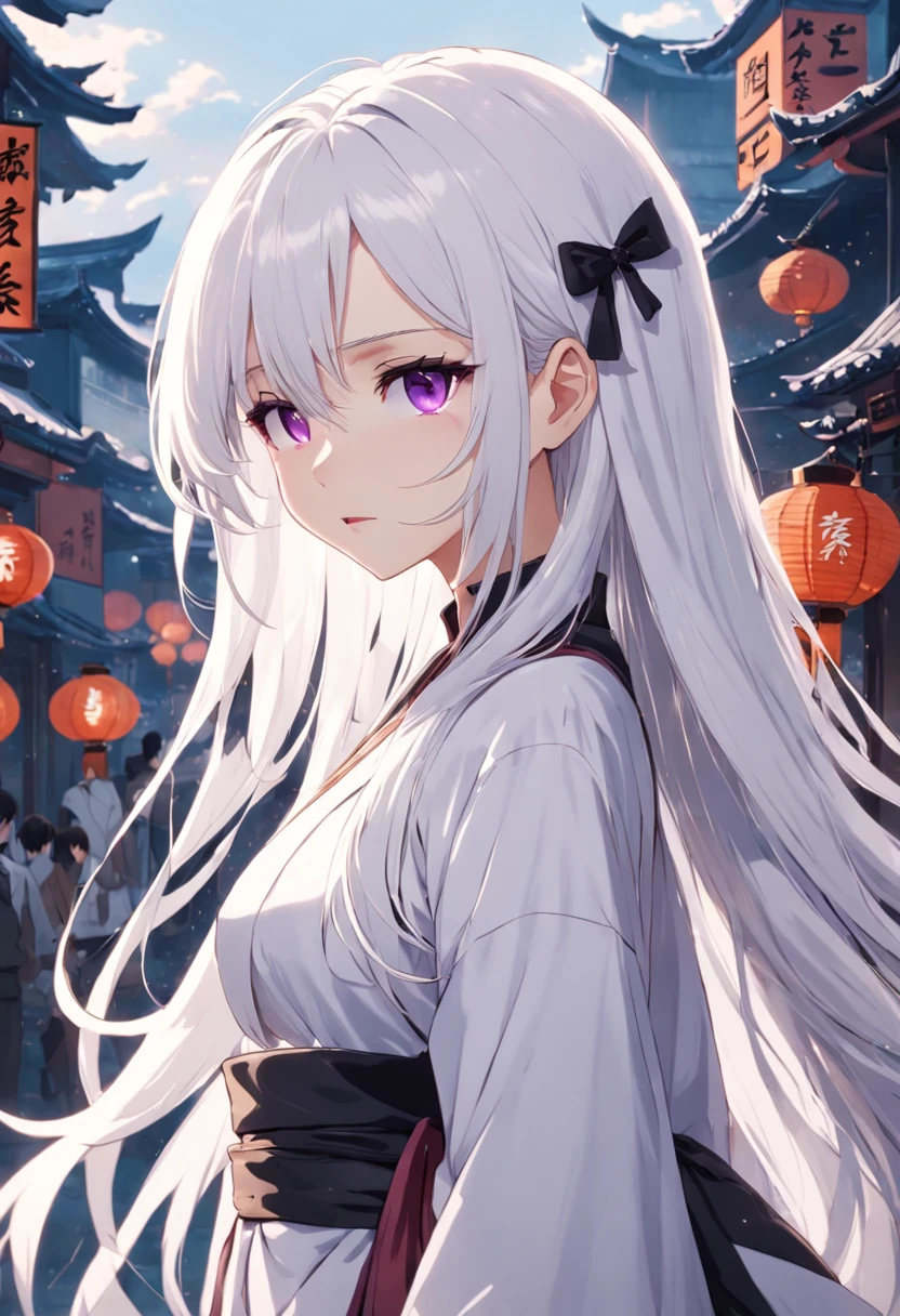 Long white hair, purple eyes, black regular clothes, girl, two-dimensional, cartoon, elegant and dignified, straight hair, upper body, Chinese girl, background for rainy days