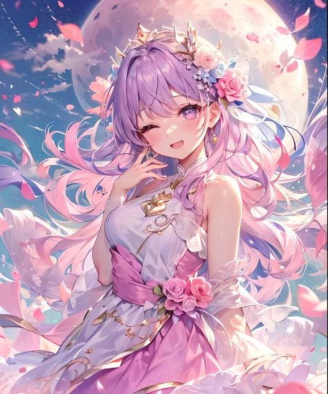 (((​masterpiece)))、(((top-quality)))、((ultra-detailliert))、(illustratio)、((extremely delicate and beautiful))、、Bright smile、floating、Light purple hair、(Detailed light) (1girl in)、、独奏、The long-haired、The wind is blowing、A WORLD、（cute eye）、Pink Moon、pink sky...