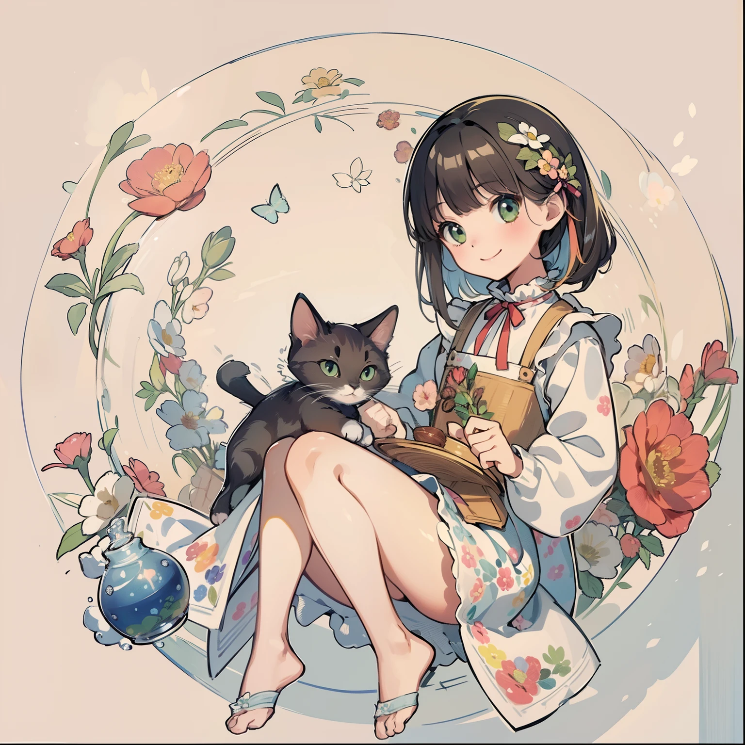 (top-quality、Masterpiece 1.２)、A stunning、（（Cute Cat 1.5））、Floral dress、pinafore、foods、Warm smile、Hourglass diagram、Floral dress、pinafore、foods、