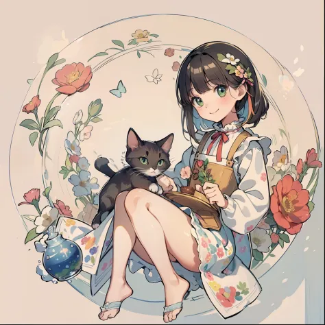 (top-quality、Masterpiece 1.２)、A stunning、（（Cute Cat 1.5））、Floral dress、pinafore、foods、Warm smile、Hourglass diagram、Floral dress、...