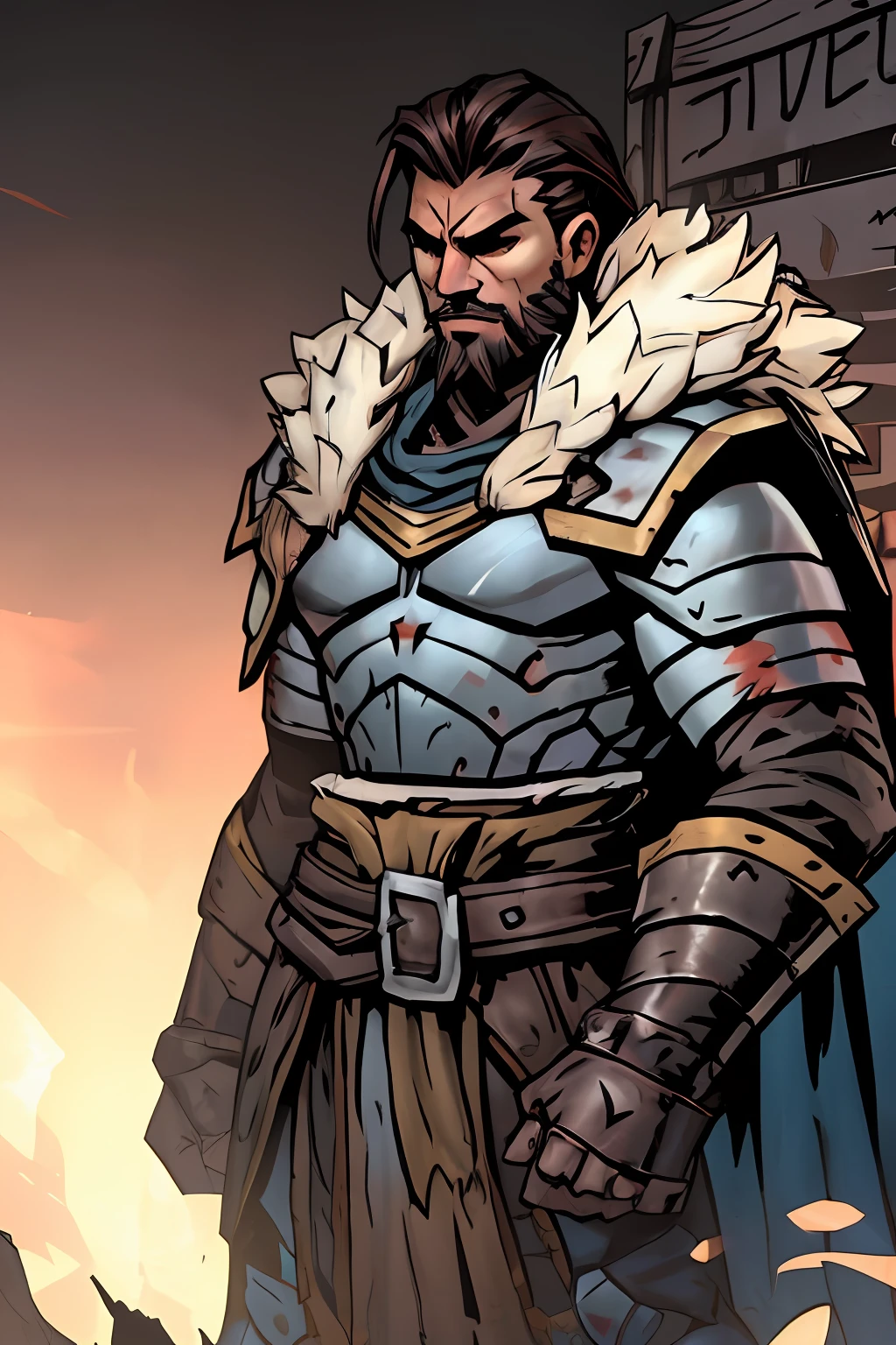 Darkest dungeon style, Sadurang from Marvel, hunk, shoulder length mane hair, defined face, detailed eyes, short beard, glowing eyes, dark hair, wearing: heavy chest armor, cape of furs, scaled armguards, heavy boots., comic cover, Film-poster, Epic