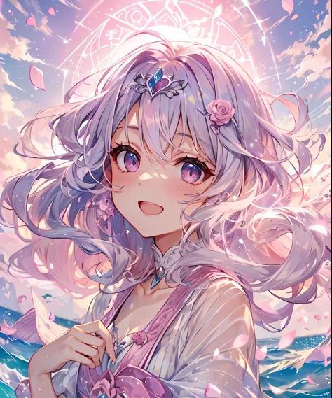 (((​masterpiece)))、(((top-quality)))、((ultra-detailliert))、(illustratio)、((extremely delicate and beautiful))、、Bright smile、floating、Light purple hair、(Detailed light) (1girl in)、、独奏、The long-haired、The wind is blowing、A WORLD、（cute eye）、Pink moon、Pink sky...