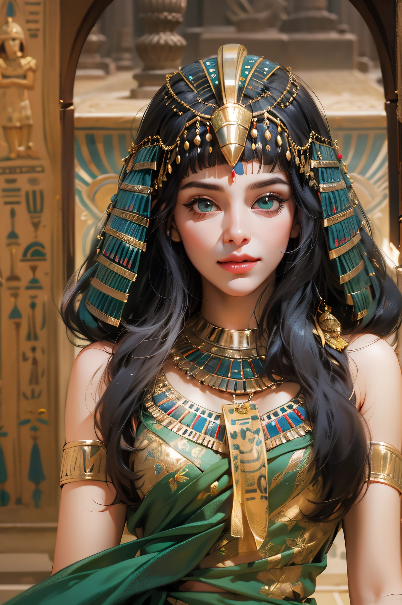 1人の女の子,エジプトの伝統的なかつら，エジプトの衣装，エジプトの衣装，エジプトの女王，女神，エメラルドの目，繊細なアイライナー，美しい顔，蓮池のそばに立つ，緻密なCG，映画の画像，エジプトの太陽神，肌は滑らかで色白です，超高画質，エジプシャンアイライナー，，エジプトのかつら，魅惑の笑顔，蓮池，クレオパトラにインスピレーションを受けて，コブラの頭飾り