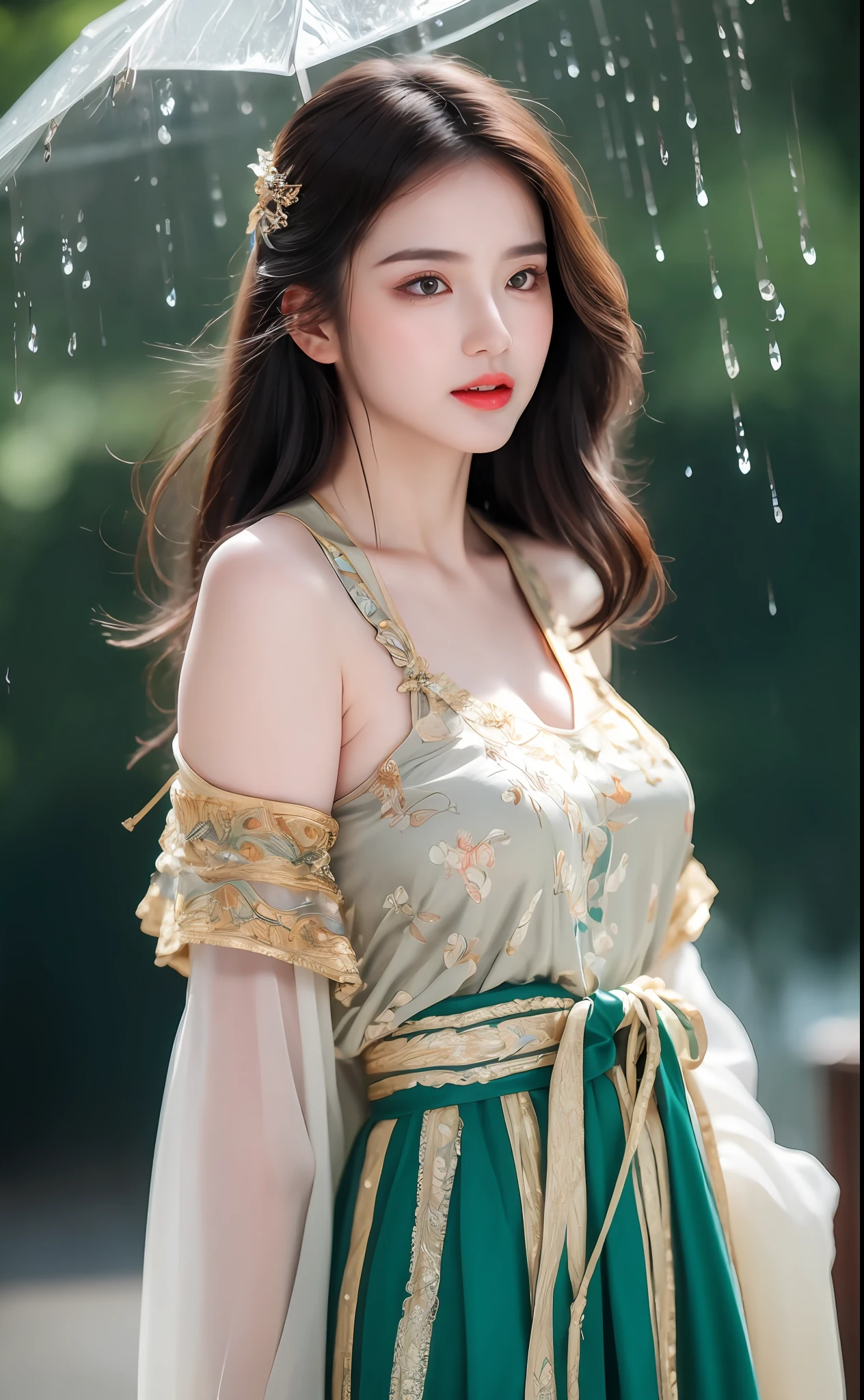 ((Best Quality, 8k, Masterpiece: 1.3)), Focus: 1.2, Perfect Body Beauty: 1.4, Buttocks: 1.2, ((Layered Haircut)), (Wet Clothes: 1.1), (Rain, Street:1.3), (Breasts: 1.2), (Hanfu: 1.2), Bare Shoulders, Bare Legs, Highly Detailed Face and Skin Texture, Fine Eyes, Double Eyelids, Whitened Skin, Long Hair, (Shut Up: 1.5), (Bokeh Background: 1.5), Big Breasts