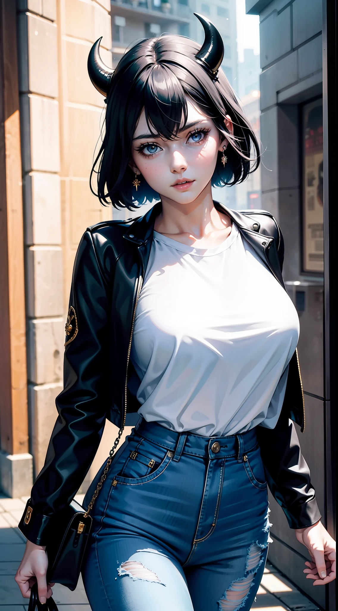 Nero de l&#39;anime trèfle noir, Belle femme, Très beau, parfait body, parfait , cheveux noirs, Cheveux courts, Expression légèrement souriante, a des cornes, porte une chemise blanche, Jeans court, Sac à main, montre, des boucles d&#39;oreilles, est dans un supermarché, le réalisme, chef-d&#39;œuvre, peau texturée, Super détaillé, Détails élevés, Haute qualité, Meilleure qualité, 1080P, 16k