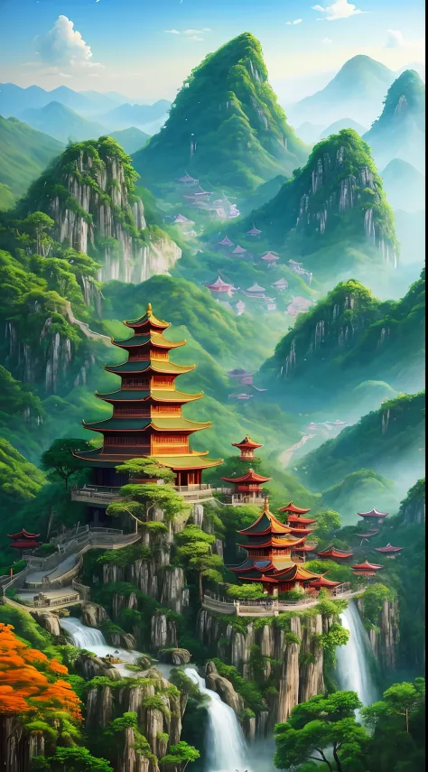 2. Mountain view with waterfall and pagoda in the middle, painted scene by Han Gan, winner of cg society competition, fantasy art, dreamy Chinese town, Chinese landscape, Chinese fantasy, made of trees and fantasy valley, ancient city view, order Impressiv...