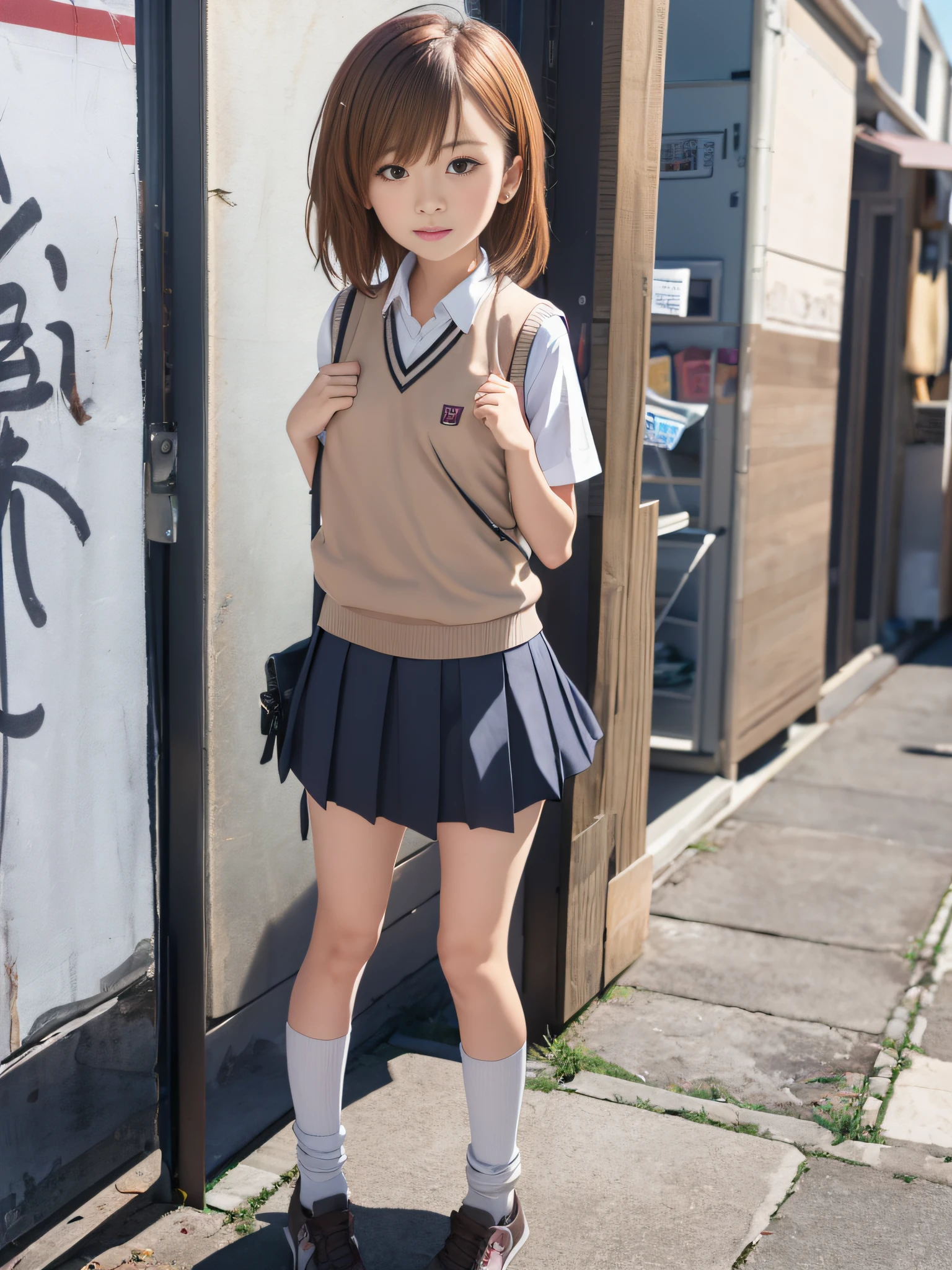 RAW image quality, ​masterpiece, top-quality, Misaka_mikoto, Brown-eyed, Short_hair, Small_Breast, looking at the viewers　student clothes, tokiwadai_School_uniform, whiteshirt, Sweater Vest, Gray plain mini skirt, , White loose socks, shoes, is standing