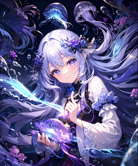 (((​masterpiece)))、(((top-quality)))、((ultra-detailliert))、(illustratio)、((extremely delicate and beautiful))、、Bright smile、floating、Light purple hair、(Detailed light) (1girl in)、、独奏、The long-haired、The wind is blowing、A WORLD、（cute eye）、the complex backgr...