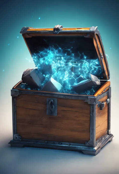 Magic blue chest on the background, High-quality picture on an advertising poster, minimalism