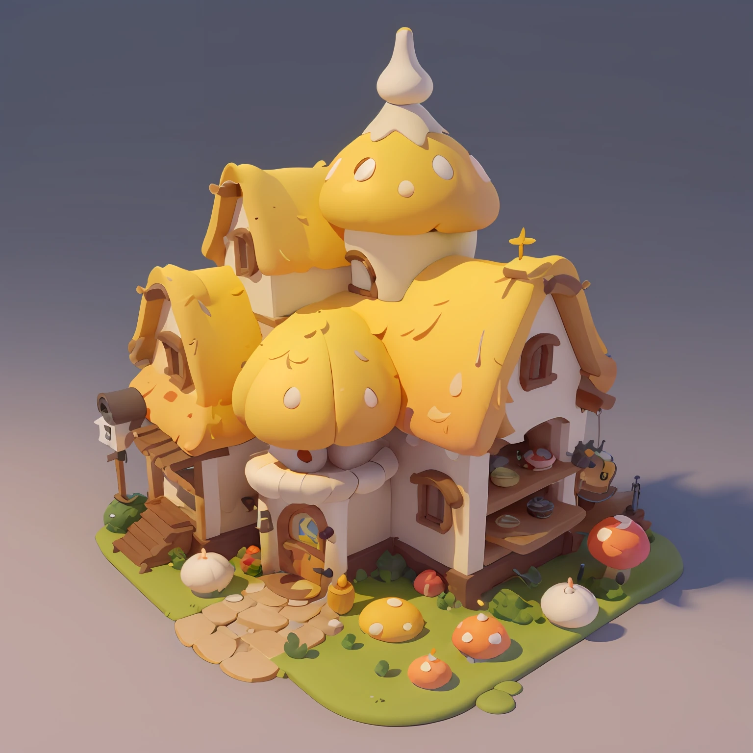 Game architectural design, Cartoony,mushroom house，Mushrooms match the architecture，casual game style, Mushroom-shaped building,  。.。.。.。.。.3D, blender，closeup cleavage，tmasterpiece，super detailing，best qualtiy