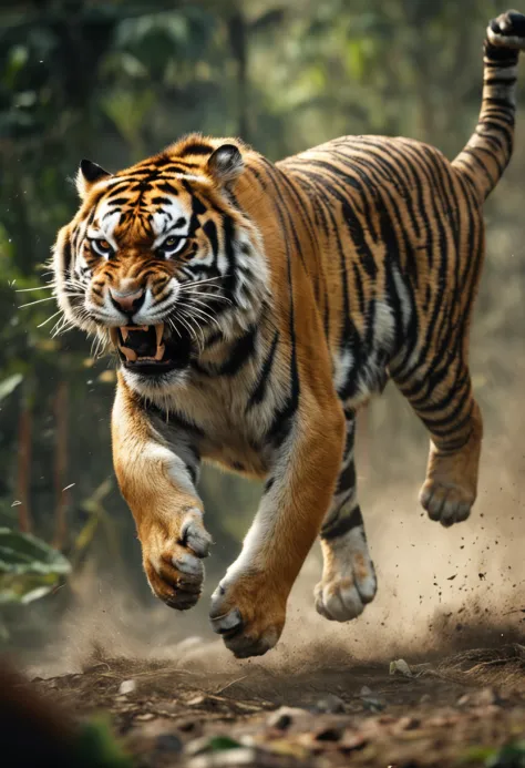 realistic angry tiger jump in jungle hdrp  side view