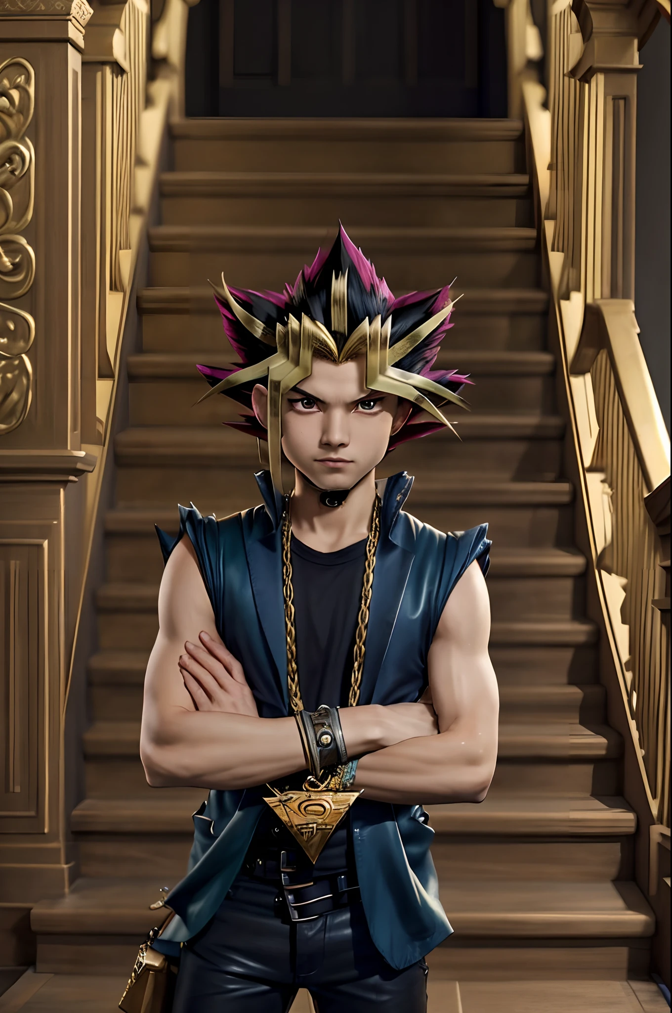 Best Quality, Close-up shot of a Yami Yugi from Yu-gi-oh, with his arms crossed and a confident smirk on his face. Yugi's hair is messy and unkempt, with a few strands falling over his forehead. His eyes are sharp and intense, and he wears a black and gold outfit.  The background shows a grand staircase, with marble steps and an ornate railing.  Pose - Yami Yugi is standing at the top of the staircase, his arms crossed and his smirk daring anyone to challenge him. Style Reference: Inspired by the Yu-gi-oh anime. Masterpiece, extremely detailed, by artgerm, by studio ghiblit, nature, kyoto, japan, fantasy, featured on artstation, 8k, art by artgerm