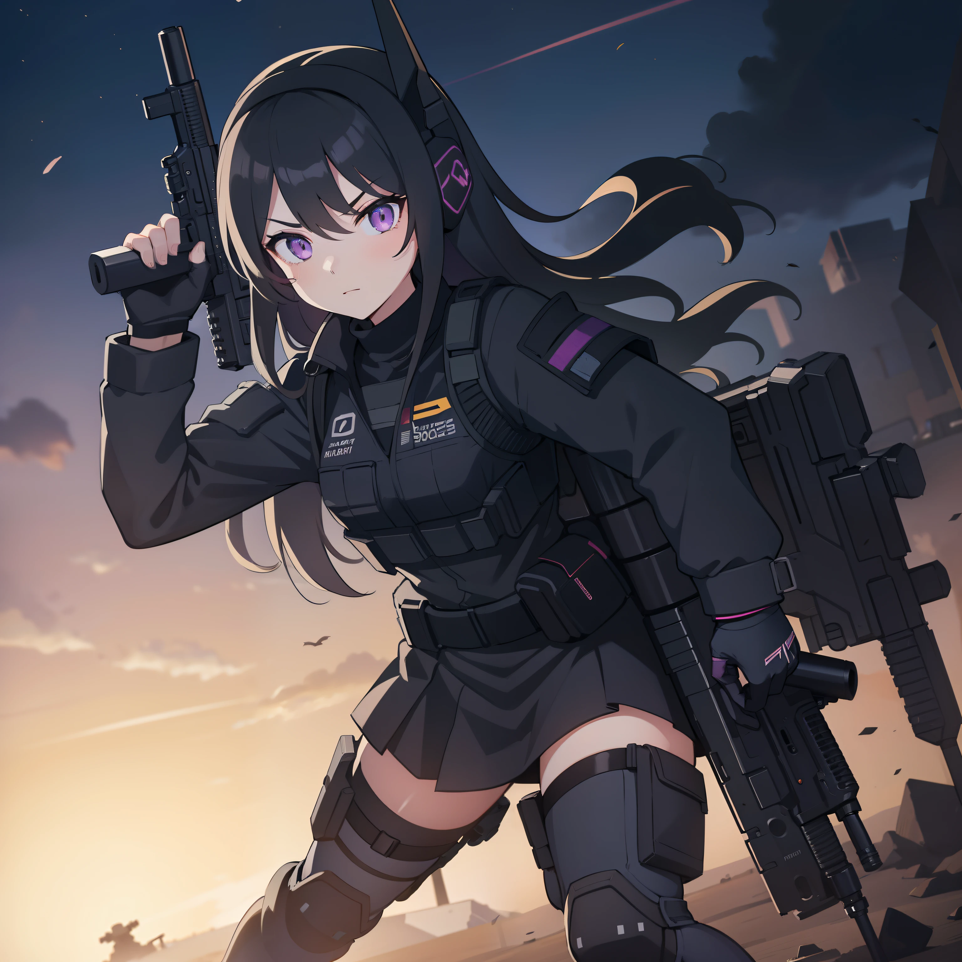 1girl, tactical black helmet, tactical black railed headset, purple eyes, focused, grunt, black long messy hair, black camo uniform, black shoulder pads, black tactical vest, black armor pads, black handgun holster, black tactical socks, holding a handgun, bullets, stance, holding tactical radio, black skirt, serious, cautious, holding gun, armed,