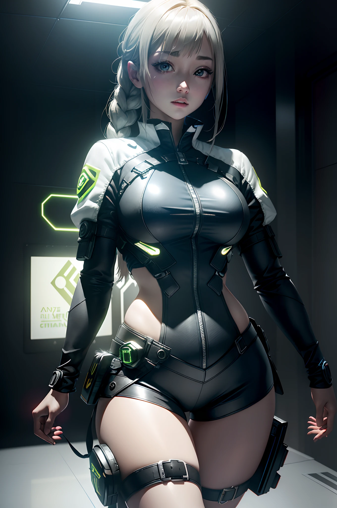 ((best qualtiy)), ((tmasterpiece)), (the detail:1.4), 3D, A beautiful cyberpunk female image,hdr（HighDynamicRange）,Ray traching,NVIDIA RTX,Hyper-Resolution,Unreal 5,Subsurface scattering、PBR Texture、post-proces、Anisotropy Filtering、depth of fieldaximum definition and sharpnesany-Layer Textures、Albedo e mapas Speculares、Surface coloring、Accurate simulation of light-material interactions、perfectly proportions、rendering by octane、Two-colored light、largeaperture、Low ISO、White balance、the rule of thirds、8K raw data、Raised translucent top, smaller top, smaller white lace shorts, raised