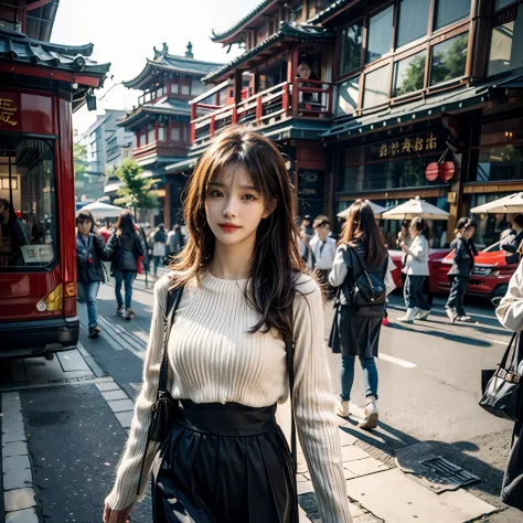 ((top quality, 8k, masterpiece: 1.3, photorealistic)), street photography beauty，chengdu, china，brunette color hair，long  skirt，...