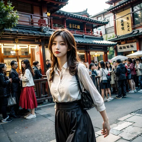 ((top quality, 8k, masterpiece: 1.3, photorealistic)), street photography beauty，chengdu, china，brunette color hair，long  skirt，...