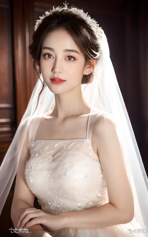 Highly detailed CG Unity 8K wallpapers、top-quality、ultra - detailed、tmasterpiece、hentail realism、Photorealsitic、extremely detailed cute girl、(25 age old)、Red blush、roundly eyes、Semi-body shot、white wedding gown、veils、armpit focus