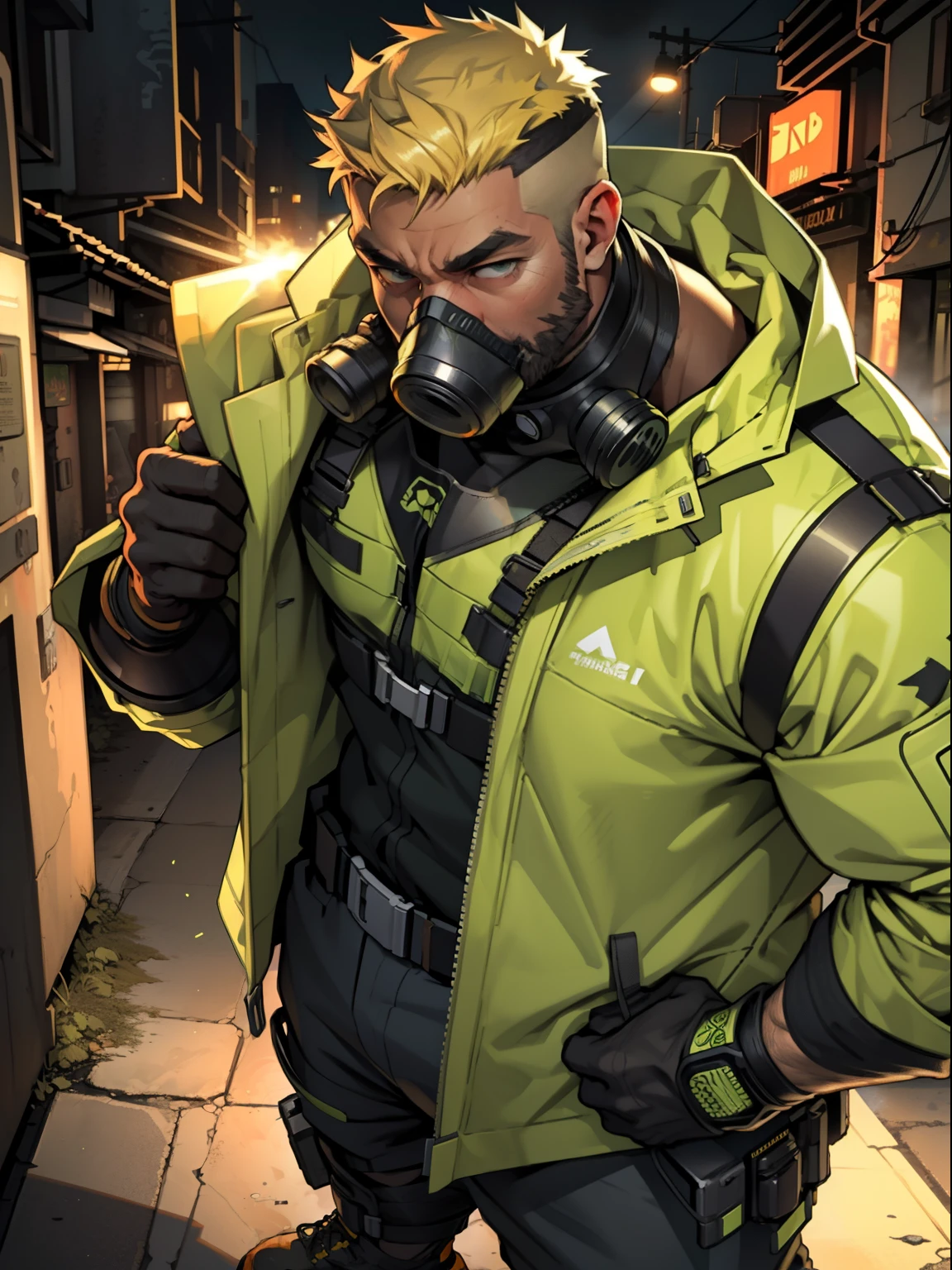 1 man, middle-aged, bare chest, stubble, muscle chest, blonde, yellow and orange anti-radioactivity protective clothing, post-radioactive apocalypse street, green smoke, muscle man, sexy man, gas mask on, protective plastic shield on the head, full body shot, distorted lens, wide-angle
