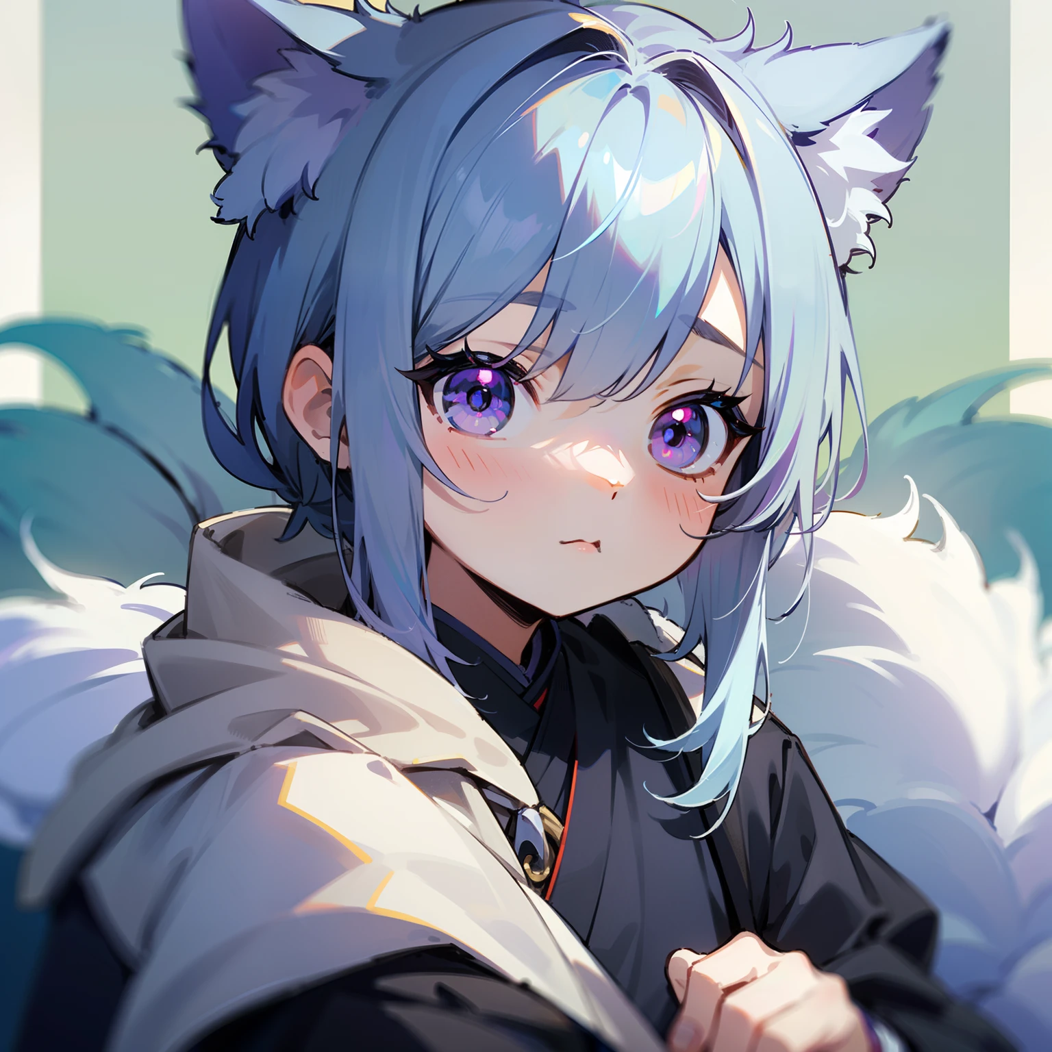 (1 juvenile)、(Shota)、(HD image quality、masterpiece level)、Cute teen characters、Light blue hair、Purple Eye、(wolf ear)、(Wolf tail)、one tail、(No ears)、(A little boy)、(covered with ears)、(hair covered ear)、Face camea、Tachie、